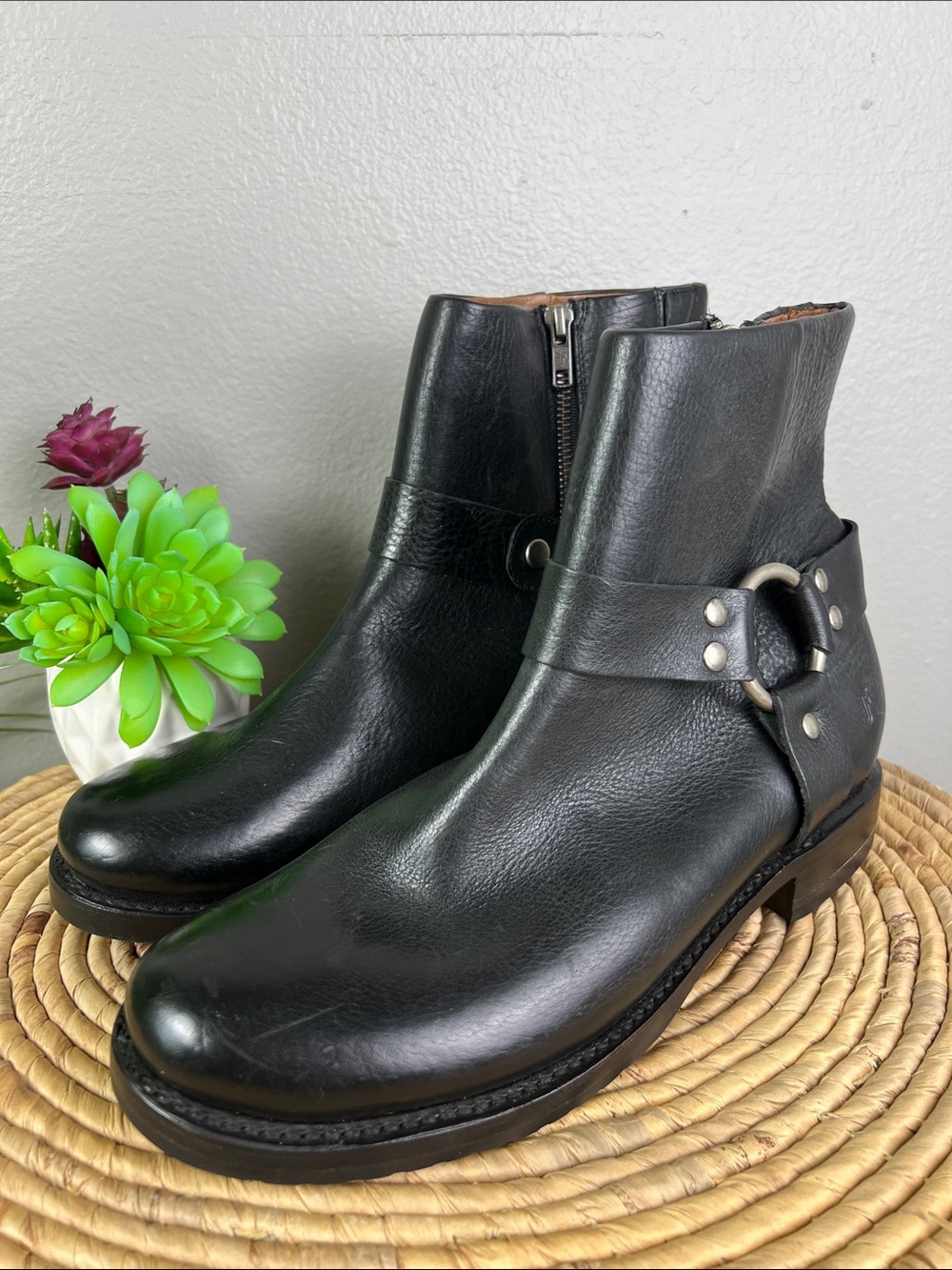 Frye Black Leather Harness Ankle Boots with Ring Detail